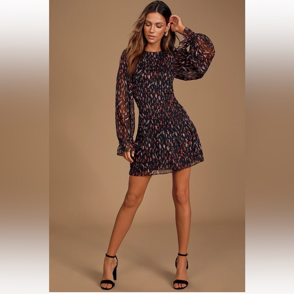 Lulus Moody And Modern Black Multi Print Smocked Balloon Sleeve Dress